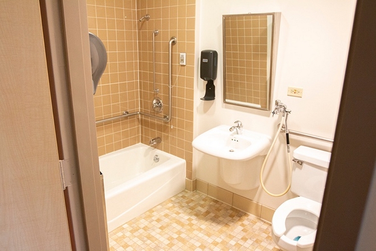 Restroom, equipped with safety features (e.g., toilet & shower grab rails, bright lighting, emergency call button).