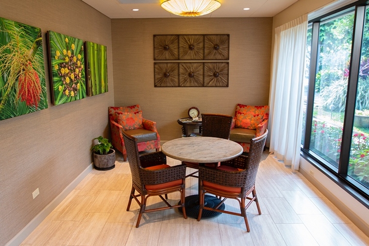 Our zen lobby provides our residents and their guests with the comforts of home, as they overlook the facility's lush landscaping.